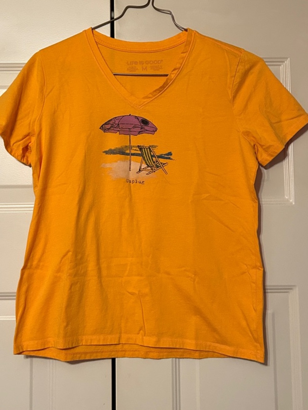 Life Is Good Orange V-Neck Tee with Subtle Logo Print